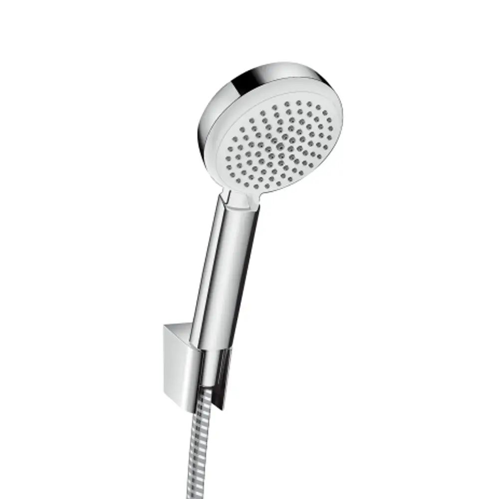 Brausekopf aus chromiertem Material mit runder Form und sichtbaren Düsen, befestigt an einem schlanken Halter. Hansgrohe Logo ist sichtbar.